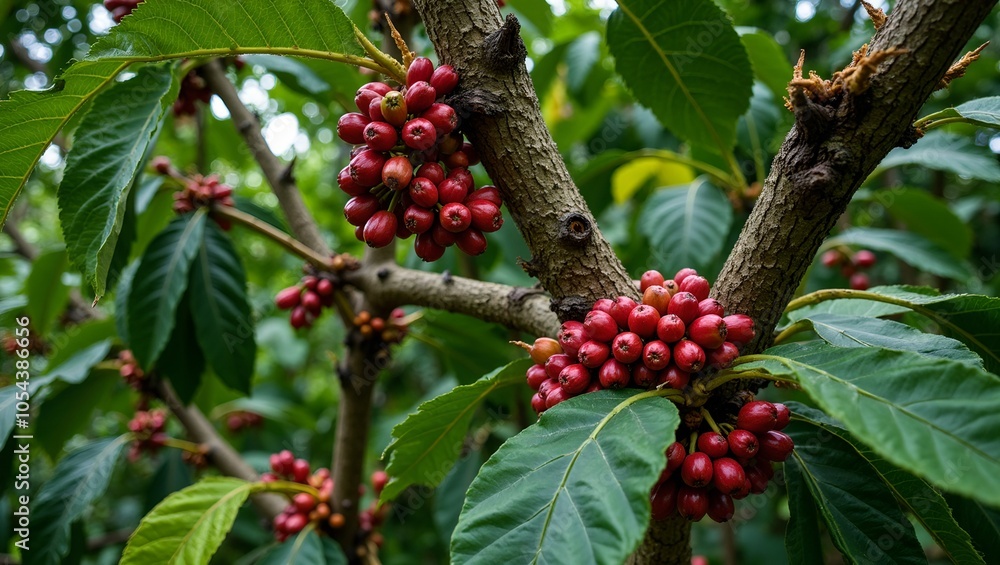 Vibrant coffee tree with glossy leaves and ripe cherries in tropical setting Vibrant coffee tree with glossy leaves and ripe cherries in tropical setting