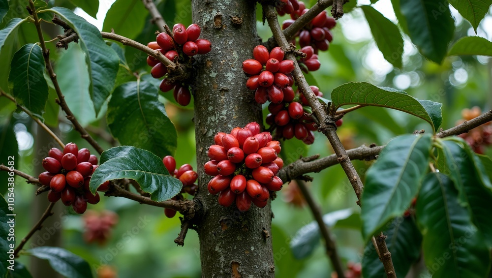 Vibrant coffee tree with glossy leaves and ripe cherries in tropical setting Vibrant coffee tree with glossy leaves and ripe cherries in tropical setting
