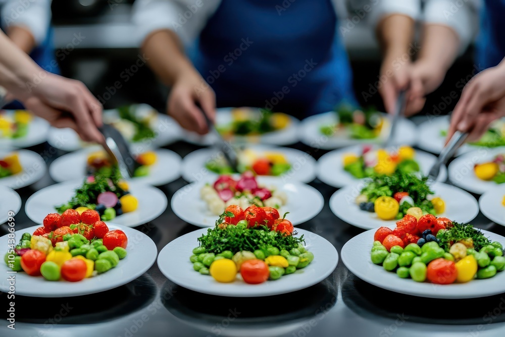 Team of chefs plating dishes in a fastpaced kitchen environment vibrant ingredients shallow depth of field Team of chefs plating dishes in a fastpaced kitchen environment vibrant ingredients shallow depth of field