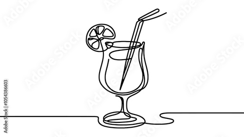 One continuous line illustration of a cocktail with a lemon slice, isolated on white background.