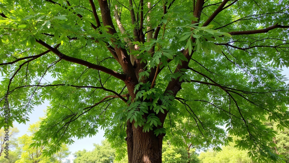 Fototapeta premium Lush neem tree with feathery leaves gnarled trunk and small fruits in a cool shaded canopy