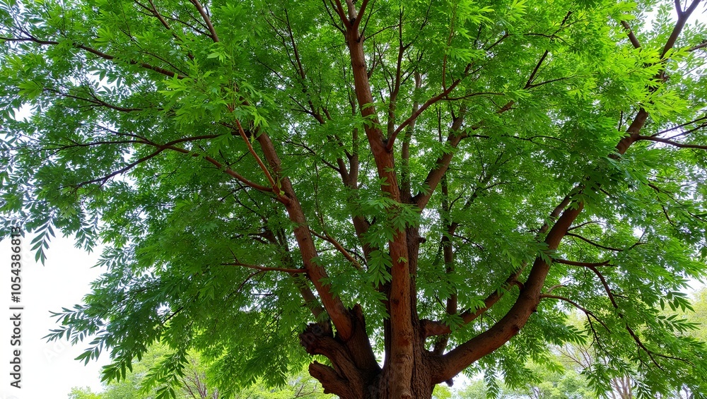 Fototapeta premium Lush neem tree with feathery leaves gnarled trunk and small fruits in a cool shaded canopy