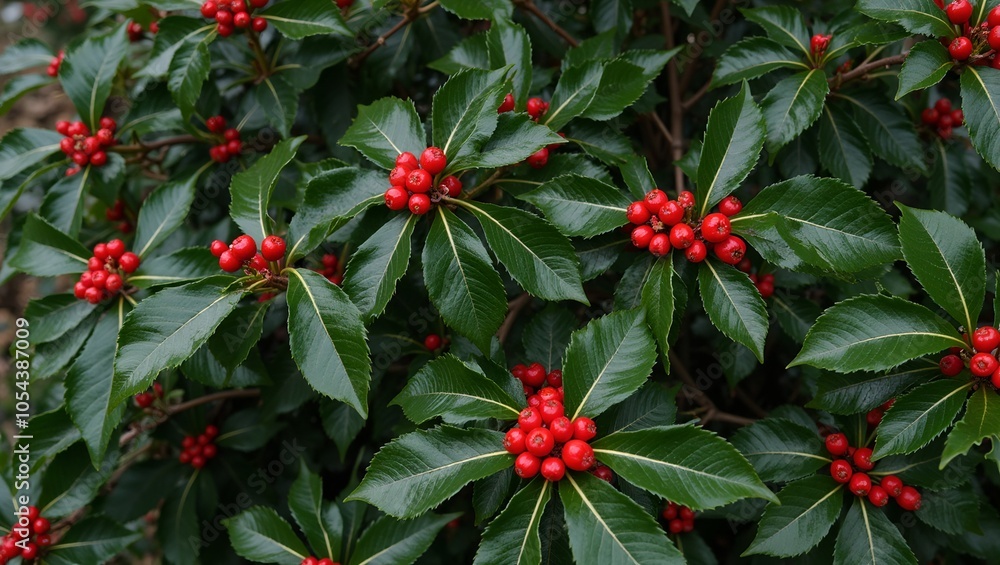 Vibrant holly tree with red berries in winter Vibrant holly tree with red berries in winter