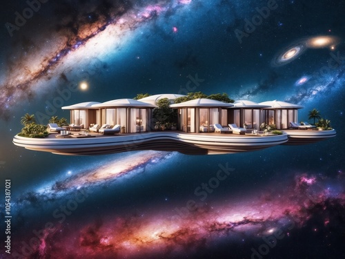 An Extravagant Space Resort with Floating Villas, Offering a Unique Blend of Futuristic Design and Luxury Amidst the Stars for an Unforgettable Experience photo