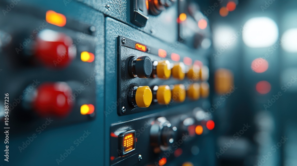 A detailed view of a control panel adorned with lit switches and knobs, evoking themes of technology, control, and precision in an industrial environment. A detailed view of a control panel adorned with lit switches and knobs, evoking themes of technology, control, and precision in an industrial environment.