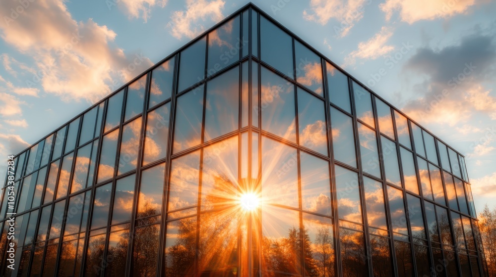 The corner of a glass building beautifully reflects the warm colors of a sunset, capturing modern architectural lines against a backdrop of clouds and sky. The corner of a glass building beautifully reflects the warm colors of a sunset, capturing modern architectural lines against a backdrop of clouds and sky.