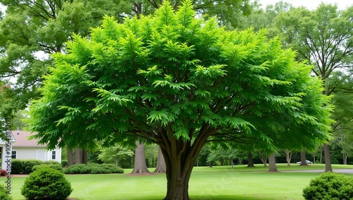 Lush hedge maple tree with dense canopy and lobed leaves in a suburban setting photo