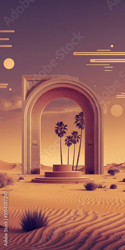 Abstract desert landscape with palm trees and a stone archway  showcasing a minimalist aesthetic and a sense of tranquility   