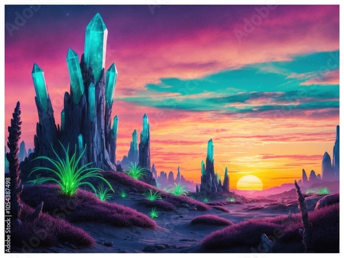 A Mystical Alien Landscape Featuring Towering, Luminous Crystals and an Ethereal Ambience, Capturing the Otherworldly Beauty of an Extraterrestrial World photo