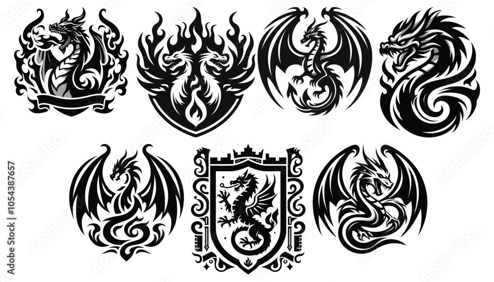 Fototapeta premium Black and white dragon emblems vector set mystical designs perfect for tattoos or branding