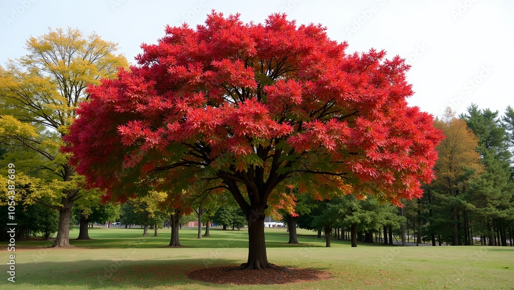 Naklejka premium Vibrant Chinese tallow tree with heart shaped leaves in autumn hues