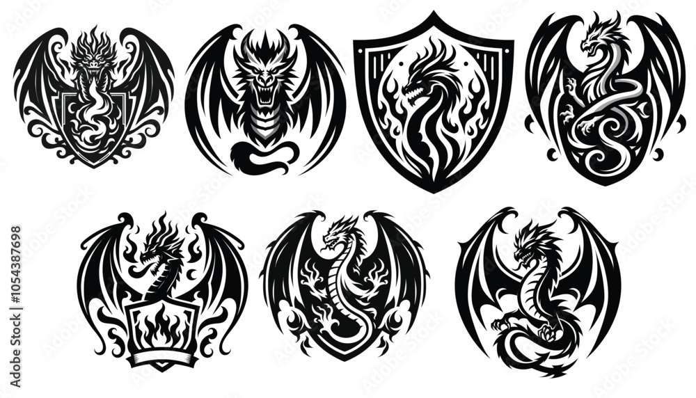Black and white dragon emblem vector set, intricate designs, perfect for fantasy themes Black and white dragon emblem vector set, intricate designs, perfect for fantasy themes