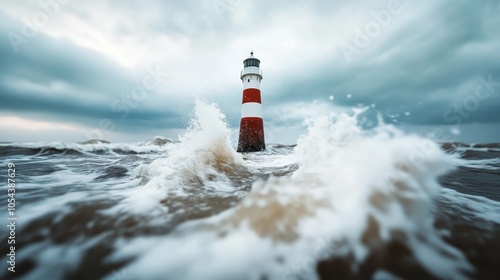 A sturdy lighthouse stands in the center of powerful ocean waves crashing around it, representing resilience, guidance, and steadfast strength amidst turmoil.