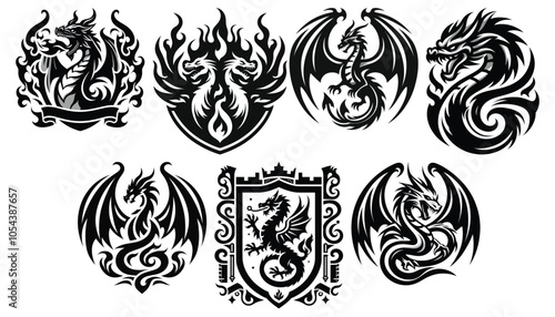 Black and white dragon emblems vector set mystical designs perfect for tattoos or branding