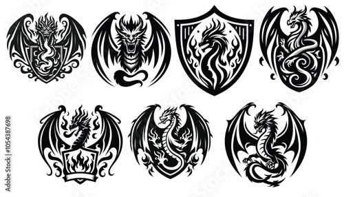 Black and white dragon emblem vector set, intricate designs, perfect for fantasy themes photo