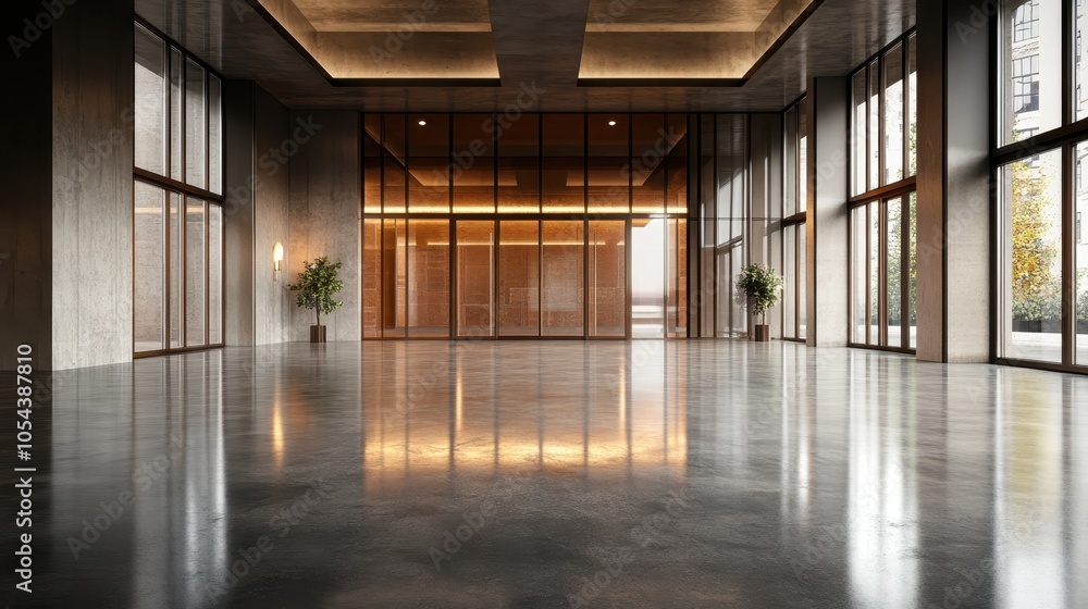 A large and luxurious modern lobby featuring expansive windows and a glossy reflective floor, tastefully decorated with plants and warm lighting for a welcoming ambiance. A large and luxurious modern lobby featuring expansive windows and a glossy reflective floor, tastefully decorated with plants and warm lighting for a welcoming ambiance.
