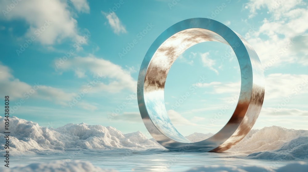 An icy landscape and prominent metal circle reflect each other, creating a stunning scene which merges the feeling of warmth with the reality of cold serenity. An icy landscape and prominent metal circle reflect each other, creating a stunning scene which merges the feeling of warmth with the reality of cold serenity.