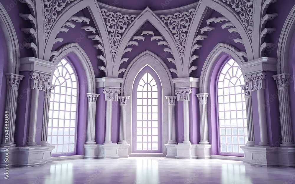Naklejka premium White columns and purple walls create a majestic and elegant palace interior