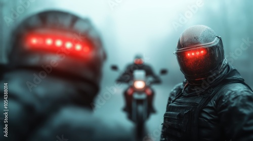 A group of mysterious riders with glowing red helmets emerges through a foggy setting, creating an aura of intrigue and suspense within a moody, atmospheric field.