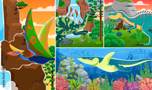 Prehistoric dinosaur characters collage with Jurassic lizards and underwater reptiles, cartoon vector. Prehistoric era dinosaurs, giant lizards, birds and reptiles for kids prehistoric dino atlas book