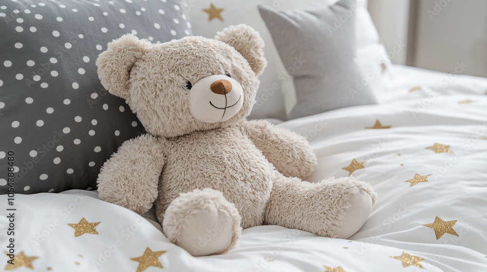 Plush Teddy Bear on White Bed with Gold Stars Bedding Plush Teddy Bear on White Bed with Gold Stars Bedding