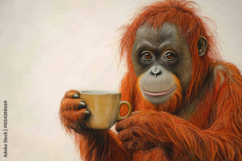 Fototapeta premium An orangutan holding a mug, illustrating its curiosity and warmth. The vivid orange fur contrasts with the subtle background to create an inviting scene.