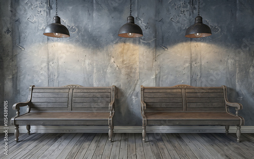 Wallpaper Mural Rustic wooden benches and black metal lamps against a gray wall  vintage interior design  waiting and anticipation    Torontodigital.ca
