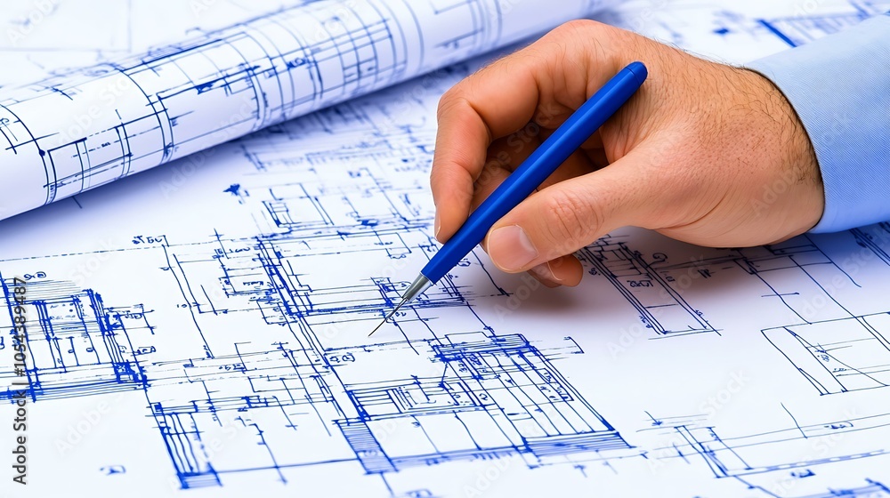Engineer’s hand interacting with a virtual growth chart on a blueprint background Engineer’s hand interacting with a virtual growth chart on a blueprint background