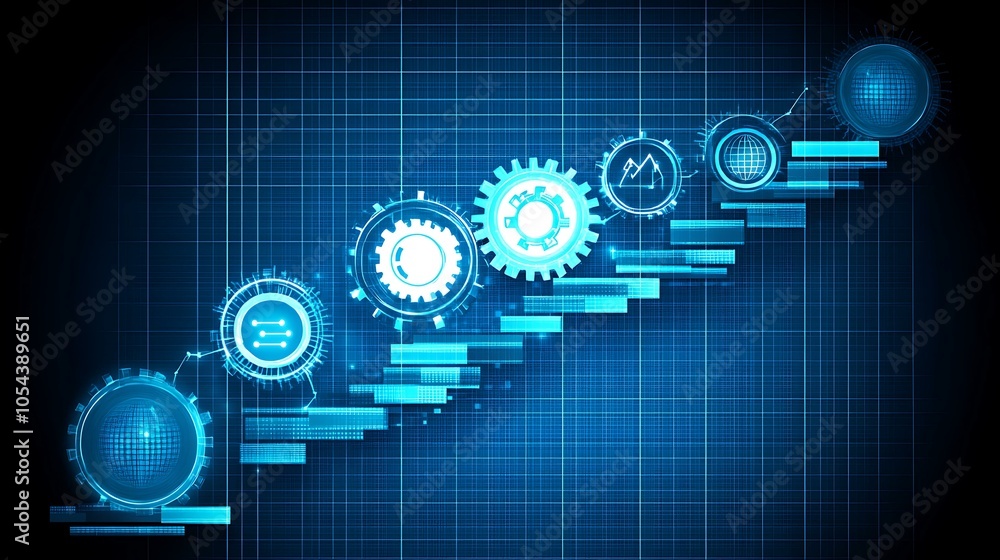 Growth chart over blueprint background with technology symbols, showing business progression Growth chart over blueprint background with technology symbols, showing business progression