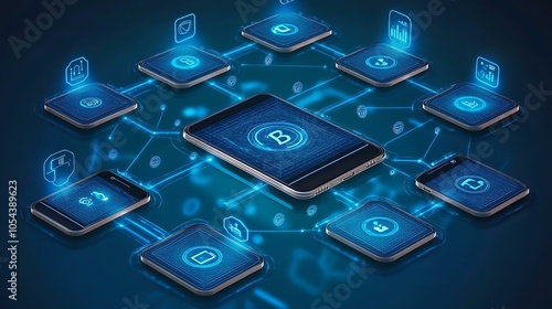 Wallpaper Mural Transparent 3D chart with blueprint icons, illustrating business growth in tech industry Torontodigital.ca