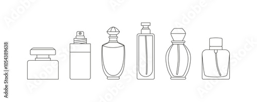 Outline perfume bottles, flasks, vials. Fragrance, essence, eau de toilette. Different scents. Line art. Blank silhouettes. Sign, logo, symbol. Vector isolated on white.