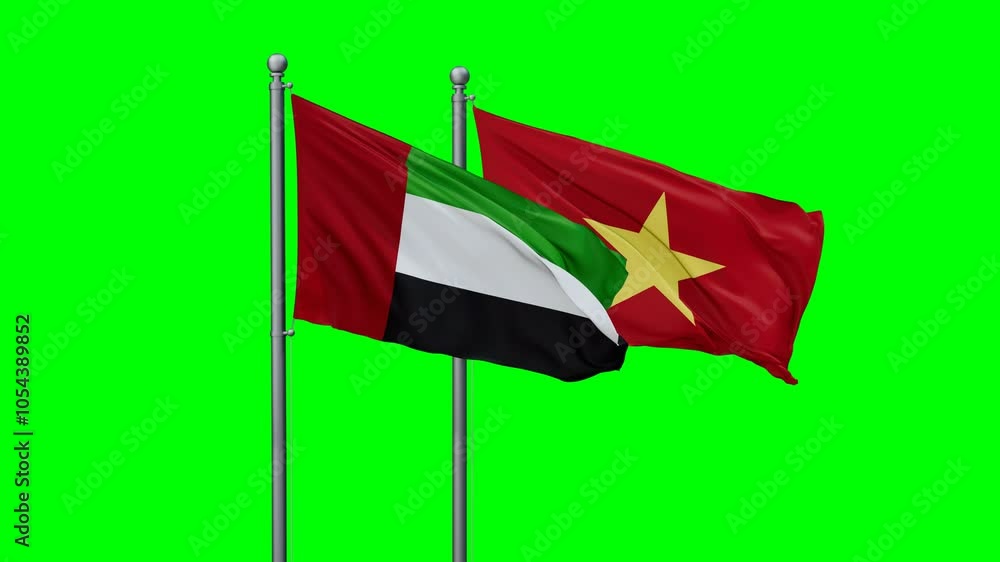 Vietnam and United Arab Emirates flags flying together, video concept of the relationship with colored chroma key for easy background remove Vietnam and United Arab Emirates flags flying together, video concept of the relationship with colored chroma key for easy background remove