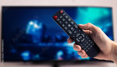 close up of hand with black remote controller and tv on background