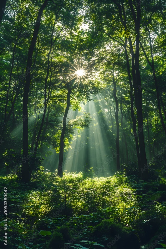 Nature's Splendor: Sunlight Illuminates Green Forest on Environment Day Nature's Splendor: Sunlight Illuminates Green Forest on Environment Day