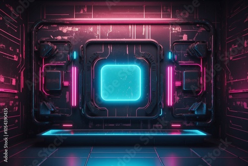 Retro cyberpunk style background. Sci-Fi background. Neon light grid landscapes. 80s, 90s 