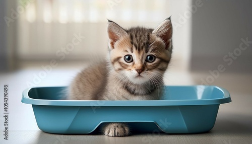 cute little kitten sitting in litter box photo