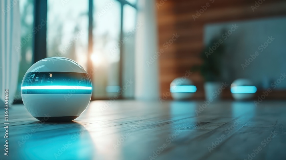 A sleek, modern spherical robot rests on a wooden floor, bathed in warm sunlight, while additional robots are visible in the blurred background of a spacious room. A sleek, modern spherical robot rests on a wooden floor, bathed in warm sunlight, while additional robots are visible in the blurred background of a spacious room.