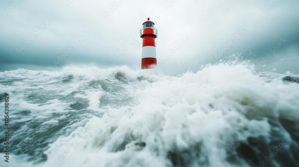 The lighthouse towers above a massive wave as it roars towards it, symbolizing enduring strength, protection, and unwavering guidance amidst nature's fury. The lighthouse towers above a massive wave as it roars towards it, symbolizing enduring strength, protection, and unwavering guidance amidst nature's fury.