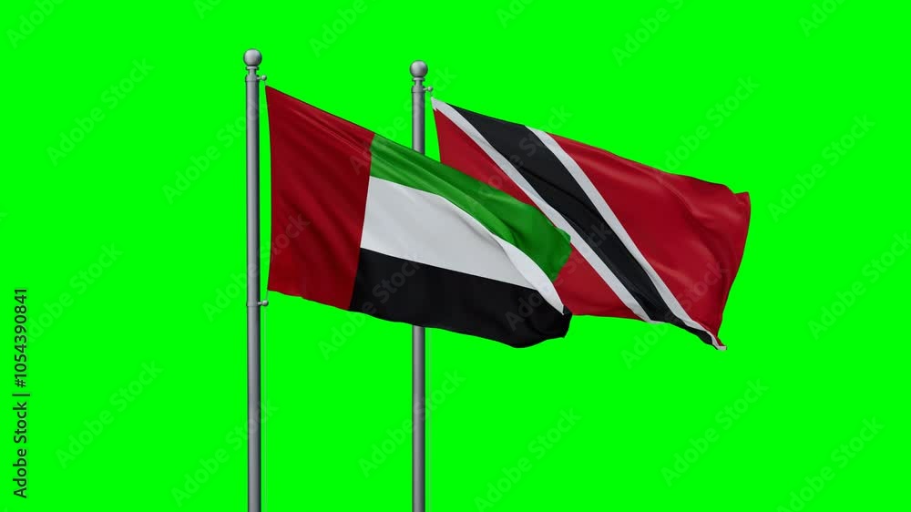 Trinidad and Tobago and United Arab Emirates flags flying together, video concept of the relationship with colored chroma key for easy background remove, two country cooperation concept Trinidad and Tobago and United Arab Emirates flags flying together, video concept of the relationship with colored chroma key for easy background remove, two country cooperation concept