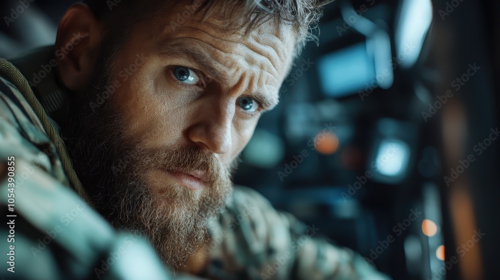 A bearded soldier with a focused gaze, wearing a military uniform and ready for a mission, symbolizes bravery, duty, and the essence of armed service commitment. A bearded soldier with a focused gaze, wearing a military uniform and ready for a mission, symbolizes bravery, duty, and the essence of armed service commitment.