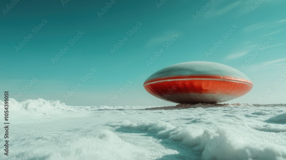 A futuristic, red spacecraft is positioned on an icy terrain of an otherworldly landscape, showcasing contrast between technology and frozen nature elements. A futuristic, red spacecraft is positioned on an icy terrain of an otherworldly landscape, showcasing contrast between technology and frozen nature elements.