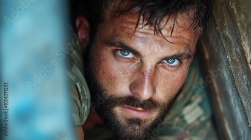 The soldier, with piercing blue eyes, peers out from a narrow crevice, highlighting tension and alertness in a combat setting, conveying a sense of readiness. photo