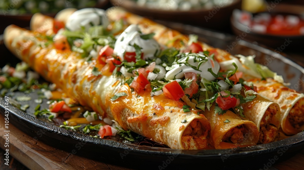 Chicken Enchiladas with Cheese Sauce and Toppings Chicken Enchiladas with Cheese Sauce and Toppings
