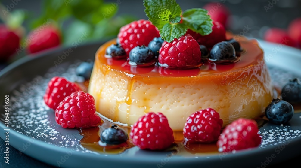 Caramel Custard with Raspberry and Blueberry Topping: A Delicious Dessert Caramel Custard with Raspberry and Blueberry Topping: A Delicious Dessert