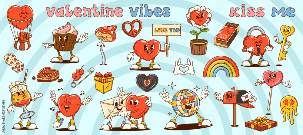 Groovy Valentine day and love characters in retro cartoon, vector comic hippie hearts. Valentine day groovy cartoon characters of funky cupcake with love message and melting silly lollipop emoji smile Groovy Valentine day and love characters in retro cartoon, vector comic hippie hearts. Valentine day groovy cartoon characters of funky cupcake with love message and melting silly lollipop emoji smile