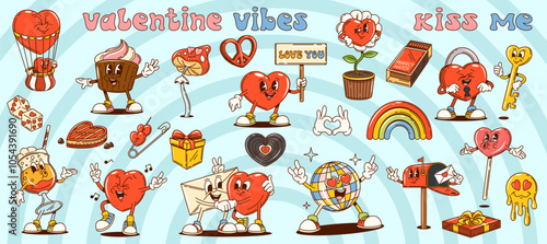 Groovy Valentine day and love characters in retro cartoon, vector comic hippie hearts. Valentine day groovy cartoon characters of funky cupcake with love message and melting silly lollipop emoji smile