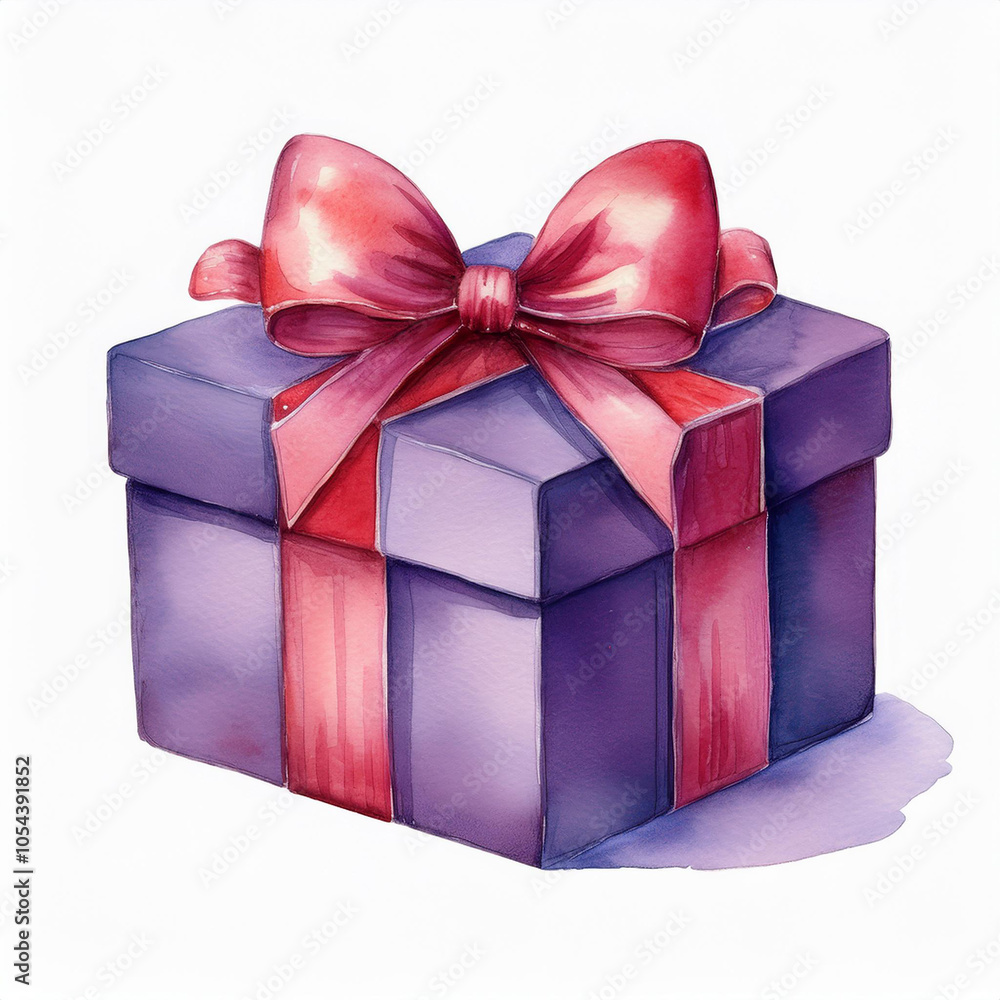 Watercolor illustration of gift box with bow on white background. Hand drawn art for print, poster Watercolor illustration of gift box with bow on white background. Hand drawn art for print, poster