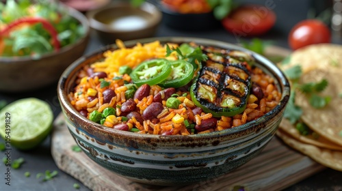 Delicious Rice Bowl with Grilled Peppers, Red Beans, and Corn