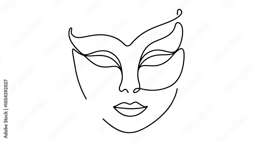 One continuous line illustration of a woman's masquerade mask, isolated on white background. One continuous line illustration of a woman's masquerade mask, isolated on white background.