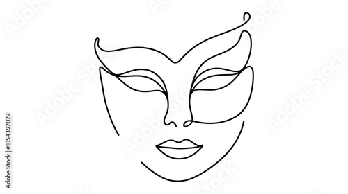 One continuous line illustration of a woman's masquerade mask, isolated on white background.